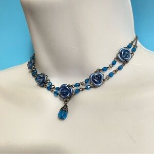 AVON Blue Rose Choker Necklace Gunmetal Chain Vintage